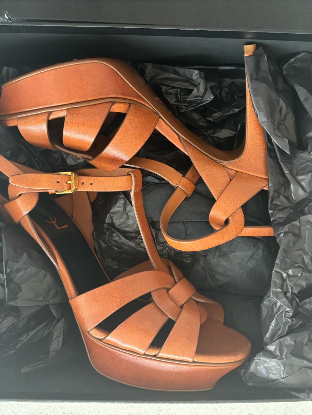 Saint Laurent Tan Leather Platform Sandals with Ankle Strap - Picture 1 of 8